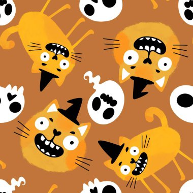 Cadılar bayramı hayvanları kusursuz kediler ve paket kağıdı, kumaş, çarşaf ve çocuk kıyafetleri ve parti aksesuarları için hayalet deseni. Yüksek kaliteli illüstrasyon