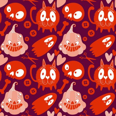 Cadılar Bayramı hayaletleri kağıt, kumaş, çarşaf ve çocuk giysileri baskısı, ambalaj ve şenlikli aksesuarlar için kusursuz çizgi film desenleri. Yüksek kaliteli illüstrasyon