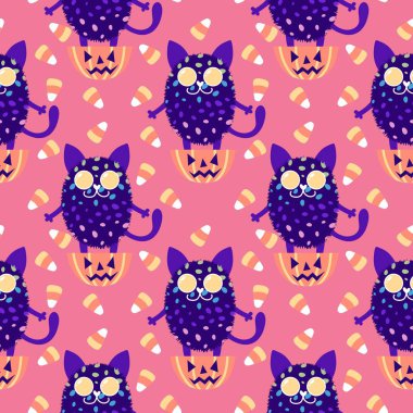 Cadılar Bayramı hayvanlarının kumaşları, kumaşları, çarşafları, çocuk giysilerini ve parti aksesuarlarını paketlemek için kusursuz kedileri ve şekerlemeleri var. Yüksek kaliteli illüstrasyon