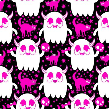 Cadılar Bayramı hayaletleri kağıt, kumaş, çarşaf ve çocuk giysileri baskısı, ambalaj ve şenlikli aksesuarlar için kusursuz çizgi film desenleri. Yüksek kaliteli illüstrasyon