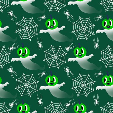 Cadılar Bayramı hayaletleri kağıt, kumaş, çarşaf ve çocuk giysileri baskısı, ambalaj ve şenlikli aksesuarlar için kusursuz çizgi film desenleri. Yüksek kaliteli illüstrasyon