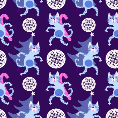 Noel karikatüründeki hayvanlar, kağıt, kumaş, çarşaf ve çocuk giysileri baskısı, parti aksesuarları ve yeni yıl ambalajları için kusursuz kediler ve oyuncak desenleri. Yüksek kaliteli illüstrasyon