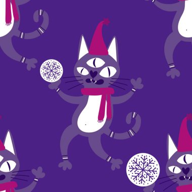 Noel karikatüründeki hayvanlar, kağıt, kumaş, çarşaf ve çocuk giysileri baskısı, parti aksesuarları ve yeni yıl ambalajları için kusursuz kediler ve oyuncak desenleri. Yüksek kaliteli illüstrasyon