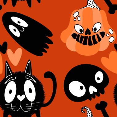 Cadılar Bayramı hayaletleri kağıt, kumaş, çarşaf ve çocuk giysileri baskısı, ambalaj ve şenlikli aksesuarlar için kusursuz çizgi film desenleri. Yüksek kaliteli illüstrasyon