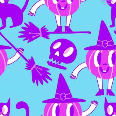 Cadılar Bayramı balkabakları kağıt, kumaş, çarşaf, çocuk giysisi baskısı, şenlik ambalajı ve sonbahar partisi aksesuarları için kusursuz canavar desenleri. Yüksek kaliteli illüstrasyon