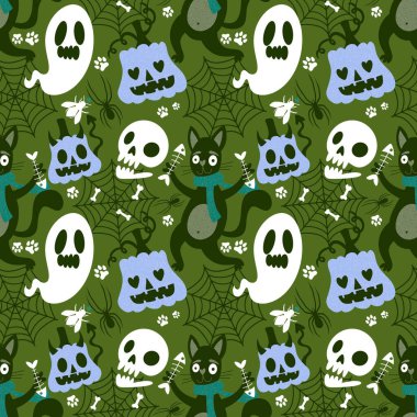 Cadılar bayramı hayvanları kusursuz kediler ve paket kağıdı, kumaş, çarşaf ve çocuk kıyafetleri ve parti aksesuarları için hayalet deseni. Yüksek kaliteli illüstrasyon