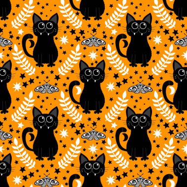 Cadılar bayramı hayvanları kusursuz kediler ve paket kağıdı, kumaş, çarşaf ve çocuk kıyafetleri ve parti aksesuarları için hayalet deseni. Yüksek kaliteli illüstrasyon