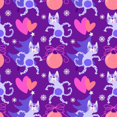 Noel karikatüründeki hayvanlar, kağıt, kumaş, çarşaf ve çocuk giysileri baskısı, parti aksesuarları ve yeni yıl ambalajları için kusursuz kediler ve oyuncak desenleri. Yüksek kaliteli illüstrasyon