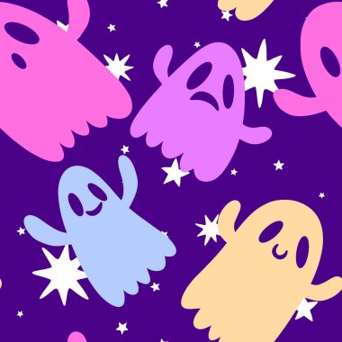 Cadılar Bayramı hayaletleri kağıt, kumaş, çarşaf ve çocuk giysileri baskısı, ambalaj ve şenlikli aksesuarlar için kusursuz çizgi film desenleri. Yüksek kaliteli illüstrasyon