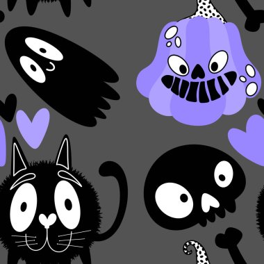 Cadılar Bayramı hayaletleri kağıt, kumaş, çarşaf ve çocuk giysileri baskısı, ambalaj ve şenlikli aksesuarlar için kusursuz çizgi film desenleri. Yüksek kaliteli illüstrasyon