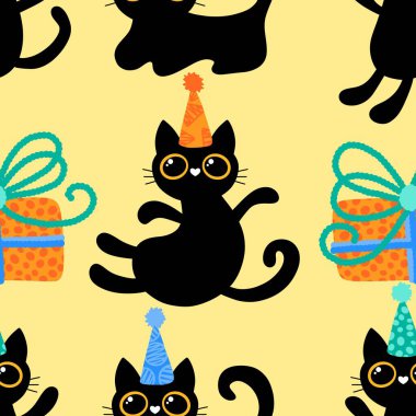 Cadılar Bayramı hayvanlarının doğum günü paketlerinde, kumaşlarda, çarşaflarda, çocuk kıyafetlerinde ve parti aksesuarlarında kusursuz kedi desenleri var. Yüksek kaliteli illüstrasyon