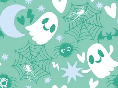 Cadılar Bayramı hayaletleri, çizgi film örümcekleri ve yarasa desenleri kağıt, kumaş, çarşaf ve çocuk giysileri baskıları, ambalajlar ve şenlikli aksesuarlar. Yüksek kaliteli illüstrasyon