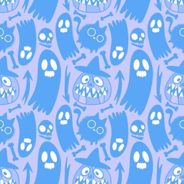 Cadılar bayramı hayvanları kusursuz kediler ve paket kağıdı, kumaş, çarşaf ve çocuk kıyafetleri ve parti aksesuarları için hayalet deseni. Yüksek kaliteli illüstrasyon