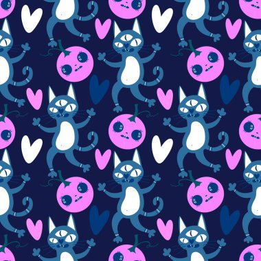 Cadılar bayramı hayvanları kusursuz kediler ve paket kağıdı, kumaş, çarşaf ve çocuk kıyafetleri ve parti aksesuarları için hayalet deseni. Yüksek kaliteli illüstrasyon