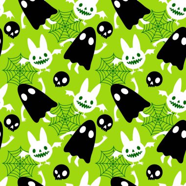 Cadılar Bayramı hayaletleri kağıt, kumaş, çarşaf ve çocuk giysileri baskısı, ambalaj ve şenlikli aksesuarlar için kusursuz çizgi film desenleri. Yüksek kaliteli illüstrasyon