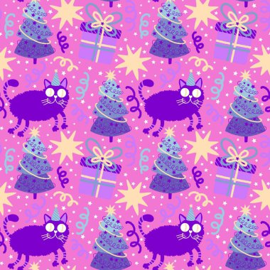 Noel karikatüründeki hayvanlar, kağıt, kumaş, çarşaf ve çocuk giysileri baskısı, parti aksesuarları ve yeni yıl ambalajları için kusursuz kediler ve oyuncak desenleri. Yüksek kaliteli illüstrasyon