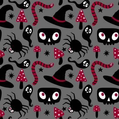 Çizgi film canavarları, duvar kağıtları, kumaşlar, tekstil ve ambalajlar, çarşaflar ve çocuk giysileri baskıları ve ambalaj kağıtları için kusursuz Cadılar Bayramı örümceği desenleri. Yüksek kaliteli illüstrasyon