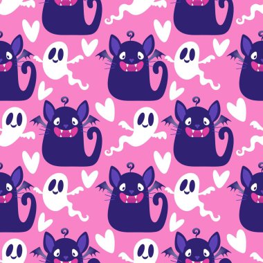 Cadılar bayramı hayvanları kusursuz kediler ve paket kağıdı, kumaş, çarşaf ve çocuk kıyafetleri ve parti aksesuarları için hayalet deseni. Yüksek kaliteli illüstrasyon