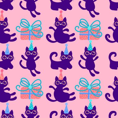 Cadılar Bayramı hayvanlarının doğum günü paketlerinde, kumaşlarda, çarşaflarda, çocuk kıyafetlerinde ve parti aksesuarlarında kusursuz kedi desenleri var. Yüksek kaliteli illüstrasyon