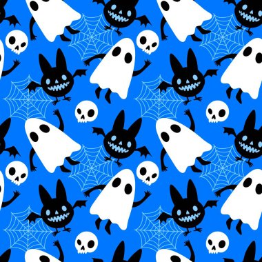 Cadılar Bayramı hayaletleri kağıt, kumaş, çarşaf ve çocuk giysileri baskısı, ambalaj ve şenlikli aksesuarlar için kusursuz çizgi film desenleri. Yüksek kaliteli illüstrasyon