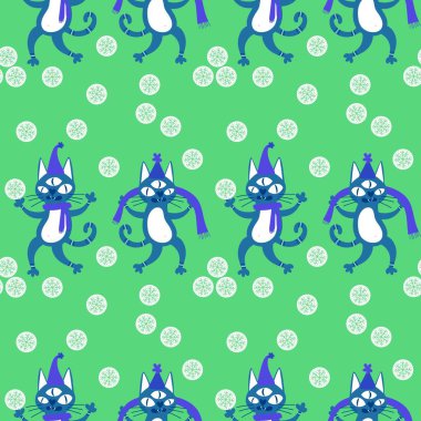 Noel karikatüründeki hayvanlar, kağıt, kumaş, çarşaf ve çocuk giysileri baskısı, parti aksesuarları ve yeni yıl ambalajları için kusursuz kediler ve oyuncak desenleri. Yüksek kaliteli illüstrasyon