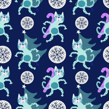 Noel karikatüründeki hayvanlar, kağıt, kumaş, çarşaf ve çocuk giysileri baskısı, parti aksesuarları ve yeni yıl ambalajları için kusursuz kediler ve oyuncak desenleri. Yüksek kaliteli illüstrasyon