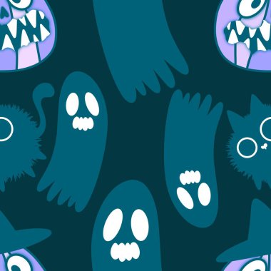 Cadılar bayramı hayvanları kusursuz kediler ve paket kağıdı, kumaş, çarşaf ve çocuk kıyafetleri ve parti aksesuarları için hayalet deseni. Yüksek kaliteli illüstrasyon