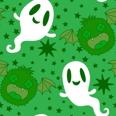 Cadılar Bayramı hayaletleri kağıt, kumaş, çarşaf ve çocuk giysileri baskısı, ambalaj ve şenlikli aksesuarlar için kusursuz çizgi film desenleri. Yüksek kaliteli illüstrasyon