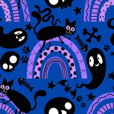 Cadılar bayramı hayvanları kusursuz kediler ve paket kağıdı, kumaş, çarşaf ve çocuk kıyafetleri ve parti aksesuarları için hayalet deseni. Yüksek kaliteli illüstrasyon