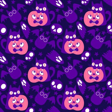 Cadılar bayramı hayvanları kusursuz kediler ve paket kağıdı, kumaş, çarşaf ve çocuk kıyafetleri ve parti aksesuarları için hayalet deseni. Yüksek kaliteli illüstrasyon