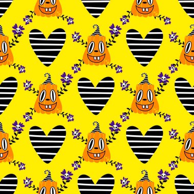 Sonbahar hasadı sebzesiz canavar Cadılar Bayramı balkabağı desenli kağıt, kumaş ve çocuk giysileri baskısı, şenlikli ambalaj ve aksesuarlar. Yüksek kaliteli illüstrasyon