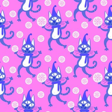 Noel karikatüründeki hayvanlar, kağıt, kumaş, çarşaf ve çocuk giysileri baskısı, parti aksesuarları ve yeni yıl ambalajları için kusursuz kediler ve oyuncak desenleri. Yüksek kaliteli illüstrasyon