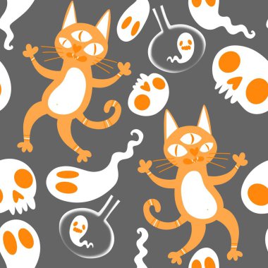 Cadılar bayramı hayvanları kusursuz kediler ve paket kağıdı, kumaş, çarşaf ve çocuk kıyafetleri ve parti aksesuarları için hayalet deseni. Yüksek kaliteli illüstrasyon