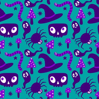 Çizgi film canavarları, duvar kağıtları, kumaşlar, tekstil ve ambalajlar, çarşaflar ve çocuk giysileri baskıları ve ambalaj kağıtları için kusursuz Cadılar Bayramı örümceği desenleri. Yüksek kaliteli illüstrasyon