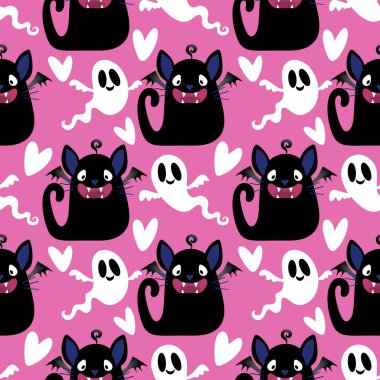 Cadılar bayramı hayvanları kusursuz kediler ve paket kağıdı, kumaş, çarşaf ve çocuk kıyafetleri ve parti aksesuarları için hayalet deseni. Yüksek kaliteli illüstrasyon