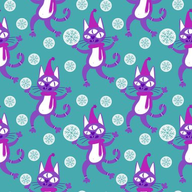 Noel karikatüründeki hayvanlar, kağıt, kumaş, çarşaf ve çocuk giysileri baskısı, parti aksesuarları ve yeni yıl ambalajları için kusursuz kediler ve oyuncak desenleri. Yüksek kaliteli illüstrasyon