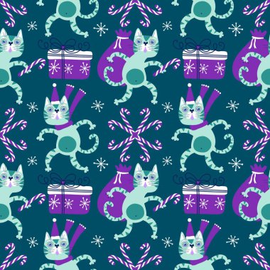 Noel karikatüründeki hayvanlar, kağıt, kumaş, çarşaf ve çocuk giysileri baskısı, parti aksesuarları ve yeni yıl ambalajları için kusursuz kediler ve oyuncak desenleri. Yüksek kaliteli illüstrasyon