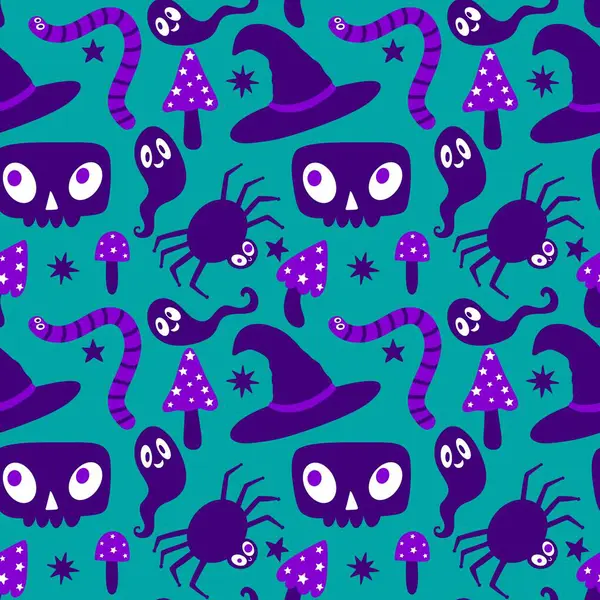 Çizgi film canavarları, duvar kağıtları, kumaşlar, tekstil ve ambalajlar, çarşaflar ve çocuk giysileri baskıları ve ambalaj kağıtları için kusursuz Cadılar Bayramı örümceği desenleri. Yüksek kaliteli illüstrasyon