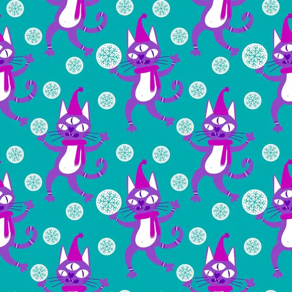 Noel karikatüründeki hayvanlar, kağıt, kumaş, çarşaf ve çocuk giysileri baskısı, parti aksesuarları ve yeni yıl ambalajları için kusursuz kediler ve oyuncak desenleri. Yüksek kaliteli illüstrasyon