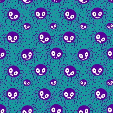 Çizgi film canavarları, duvar kağıtları, kumaşlar, tekstil ve ambalajlar, çarşaflar ve çocuk giysileri baskıları ve ambalaj kağıtları için kusursuz Cadılar Bayramı örümceği desenleri. Yüksek kaliteli illüstrasyon