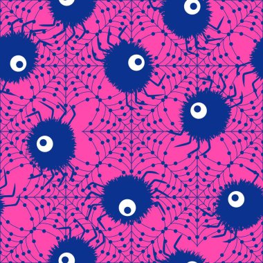 Çizgi film canavarları, duvar kağıtları, kumaşlar, tekstil ve ambalajlar, çarşaflar ve çocuk giysileri baskıları ve ambalaj kağıtları için kusursuz Cadılar Bayramı örümceği desenleri. Yüksek kaliteli illüstrasyon