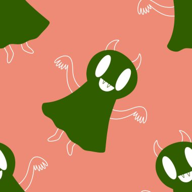 Cadılar Bayramı hayaletleri kağıt, kumaş, çarşaf ve çocuk giysileri baskısı, ambalaj ve şenlikli aksesuarlar için kusursuz çizgi film desenleri. Yüksek kaliteli illüstrasyon