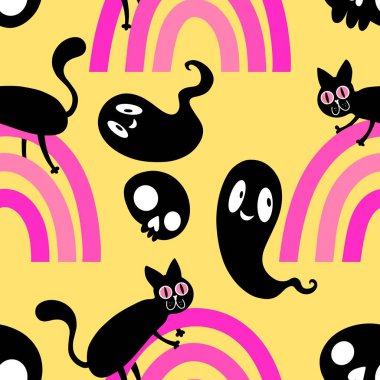 Cadılar bayramı hayvanları kusursuz kediler ve paket kağıdı, kumaş, çarşaf ve çocuk kıyafetleri ve parti aksesuarları için hayalet deseni. Yüksek kaliteli illüstrasyon