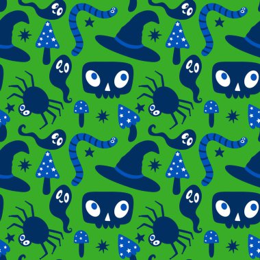 Çizgi film canavarları, duvar kağıtları, kumaşlar, tekstil ve ambalajlar, çarşaflar ve çocuk giysileri baskıları ve ambalaj kağıtları için kusursuz Cadılar Bayramı örümceği desenleri. Yüksek kaliteli illüstrasyon