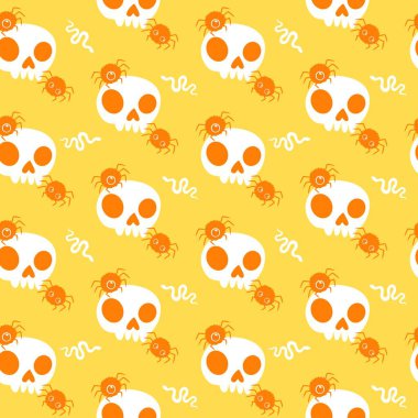 Çizgi film canavarları, duvar kağıtları, kumaşlar, tekstil ve ambalajlar, çarşaflar ve çocuk giysileri baskıları ve ambalaj kağıtları için kusursuz Cadılar Bayramı örümceği desenleri. Yüksek kaliteli illüstrasyon