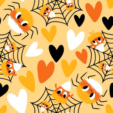 Çizgi film canavarları, duvar kağıtları, kumaşlar, tekstil ve ambalajlar, çarşaflar ve çocuk giysileri baskıları ve ambalaj kağıtları için kusursuz Cadılar Bayramı örümceği desenleri. Yüksek kaliteli illüstrasyon