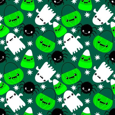 Cadılar Bayramı hayaletleri kağıt, kumaş, çarşaf ve çocuk giysileri baskısı, ambalaj ve şenlikli aksesuarlar için kusursuz çizgi film desenleri. Yüksek kaliteli illüstrasyon