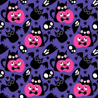 Cadılar bayramı hayvanları kusursuz kediler ve paket kağıdı, kumaş, çarşaf ve çocuk kıyafetleri ve parti aksesuarları için hayalet deseni. Yüksek kaliteli illüstrasyon