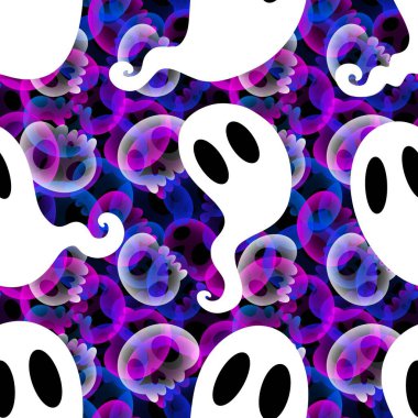 Cadılar Bayramı hayaletleri kağıt, kumaş, çarşaf ve çocuk giysileri baskısı, ambalaj ve şenlikli aksesuarlar için kusursuz çizgi film desenleri. Yüksek kaliteli illüstrasyon