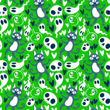 Cadılar bayramı hayvanları kusursuz kediler ve paket kağıdı, kumaş, çarşaf ve çocuk kıyafetleri ve parti aksesuarları için hayalet deseni. Yüksek kaliteli illüstrasyon